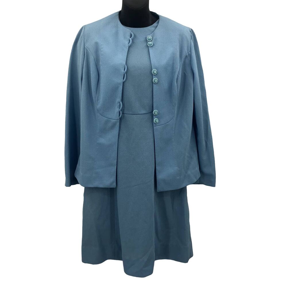 Vintage Blue Skirt Suit Jacket Blazer 2 Piece Set Combo Button Up